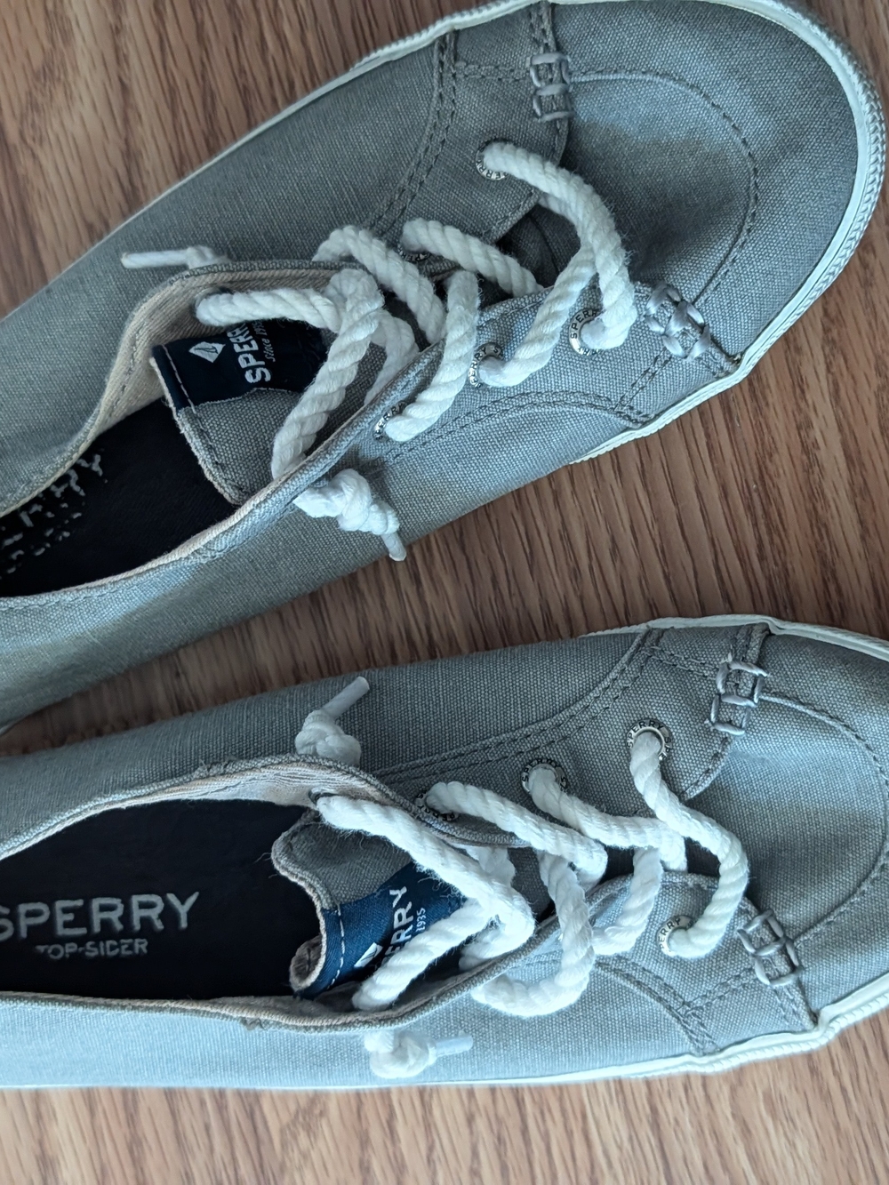 Sperry Gray Canvas Boat Shoes with White Rope Laces